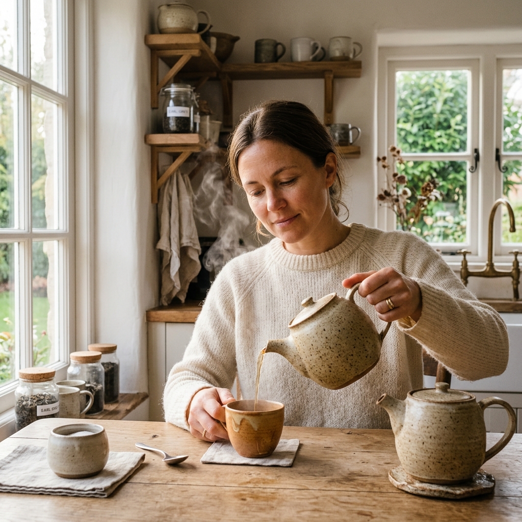 Hands wrapped around a warm cup of tea on a slow Nordic morning representing the Scandinavian philosophy of slow living