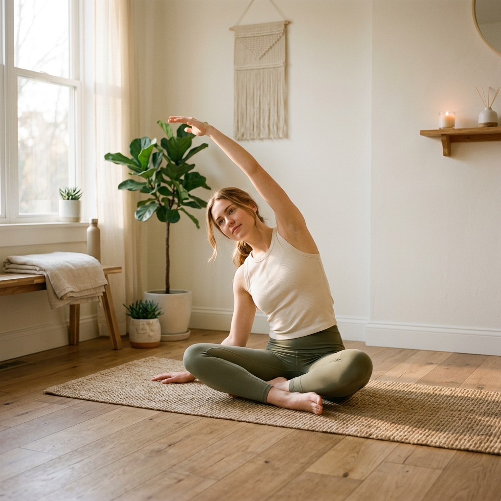 A person stretching gently in morning sunlight
