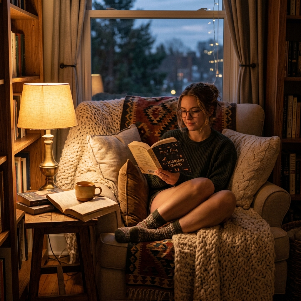 A cozy reading nook illuminated by a warm lamp