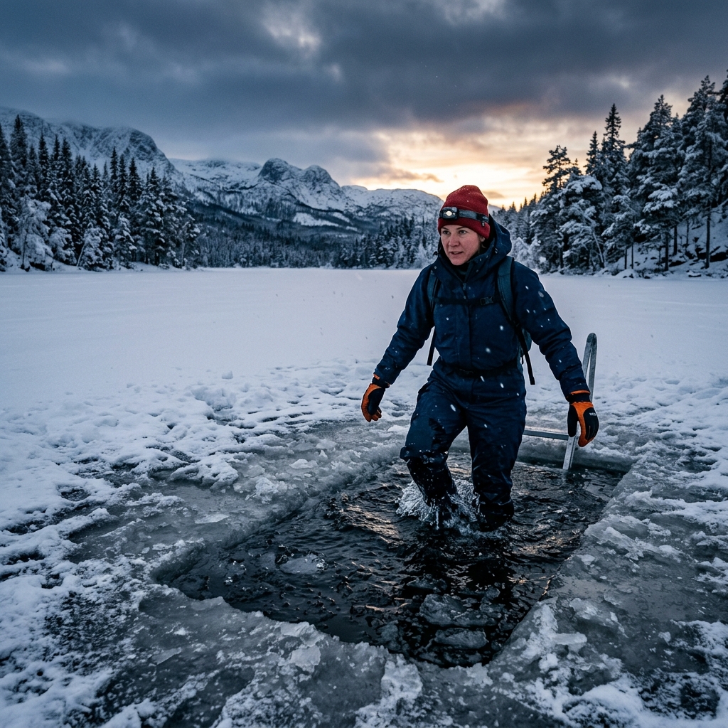 Person stepping into an ice hole in a frozen lake