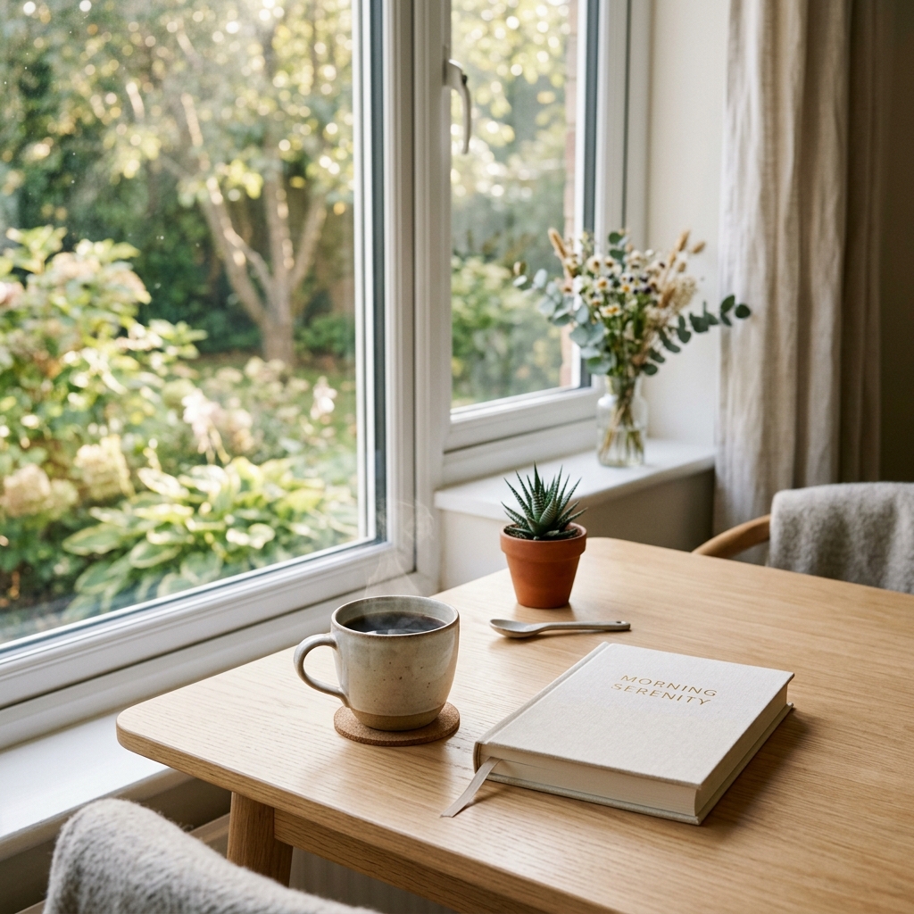 Calm, organised morning scene with a quiet ritual in progress, representing the first moments of a structured daily routine