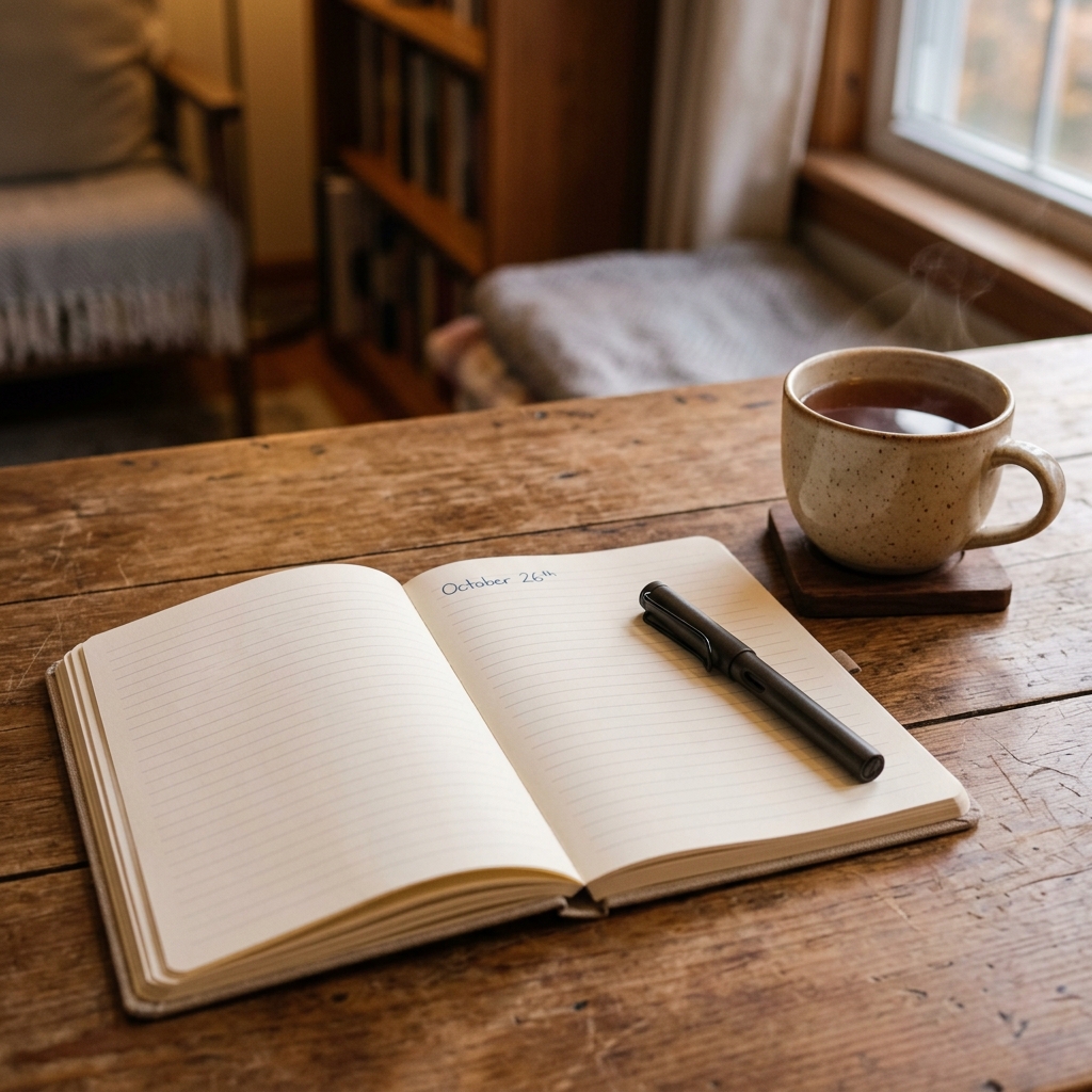 Open notebook with a pen beside a dim lamp, representing the worry budget journaling technique for nighttime overthinking before sleep